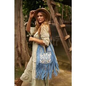 JODILEE AUSTRALIA  "HEAVENLY"  BLUE SUEDE FRINGED EMBROIDERED BOHO BAG